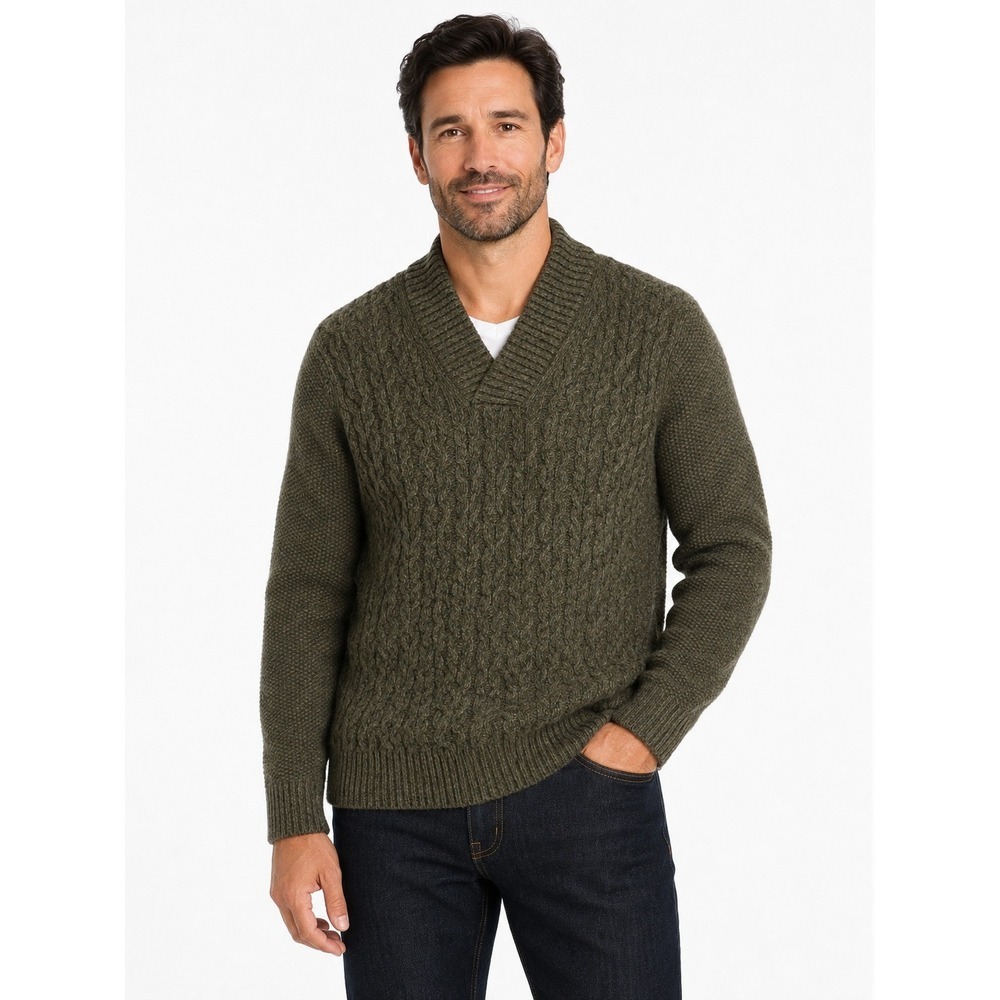 Joseph Abboud Sweater Mens Large Green Wool Blend Cable Knit Shawl Neck Pullover